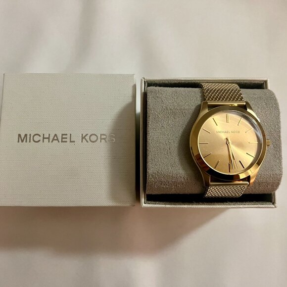 Michael Kors Men's Slim Runway Three-Hand Gold-Tone Steel Mesh Band Watch MK8625 - Picture 2 of 4